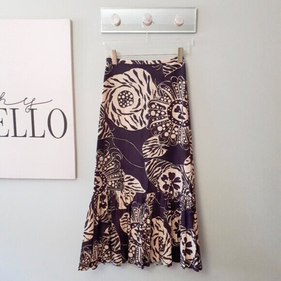 NWOT Zara linen blend botanical print brown & butter tan high waist skirt, XS - Picture 11 of 12